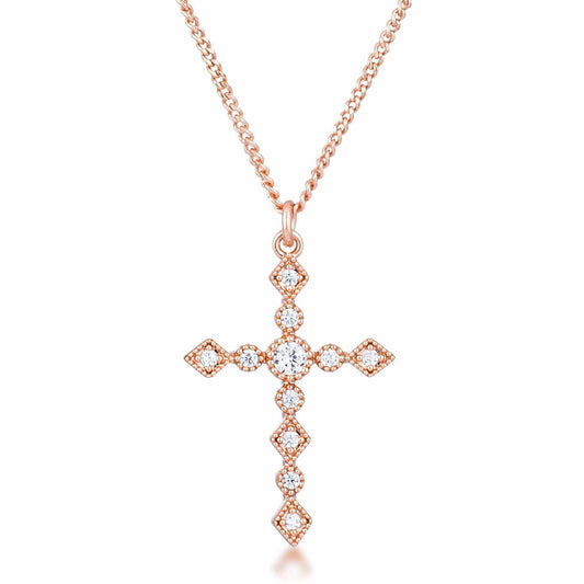 Dainty Art Deco Rose Gold Plated Clear CZ Cross Pendant - JGI - Flyclothing LLC