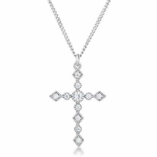 Dainty Art Deco Rhodium Plated Clear CZ Cross Pendant - JGI - Flyclothing LLC