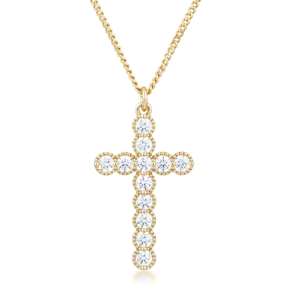 Micro Beaded 18k Gold Plated Clear CZ Cross Pendant - JGI - Flyclothing LLC