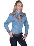 Scully BLUE FLORAL TOOLED EMBROIDERED BLOUSE - Scully Leather - Flyclothing LLC
