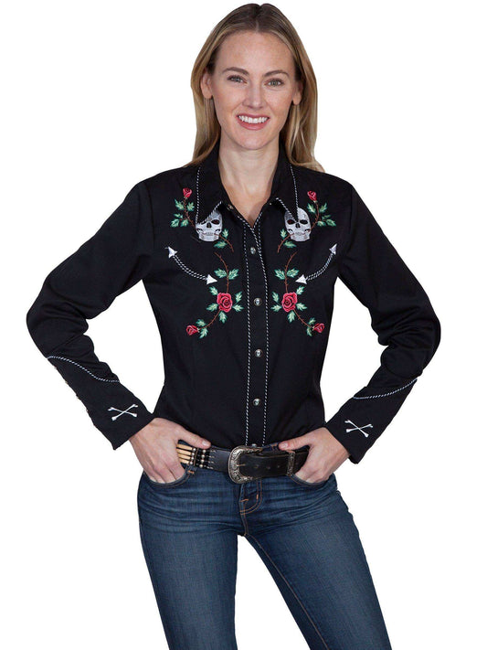 Scully BLACK LADIES SKULL/ROSE EMBROIDERED BLOUSE - Scully Leather - Flyclothing LLC