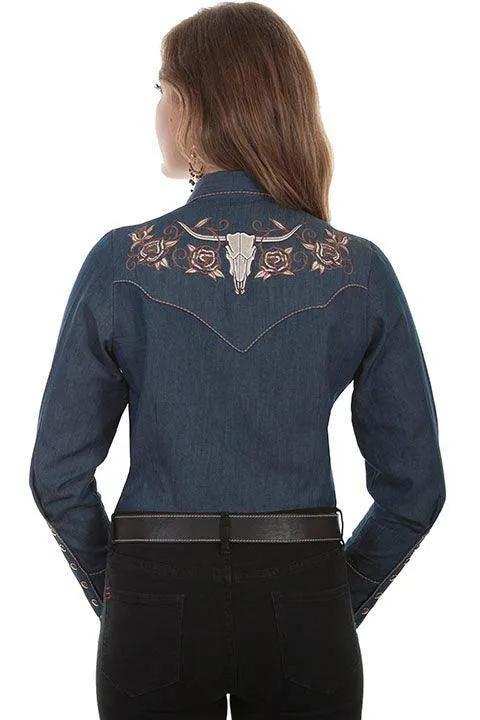 Scully DENIM LADIES LONGHORN ROSE EMBROIDERED BLOUSE - Scully Leather - Flyclothing LLC