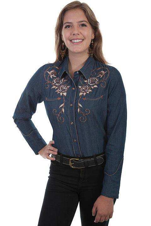 Scully DENIM LADIES LONGHORN ROSE EMBROIDERED BLOUSE - Scully Leather - Flyclothing LLC