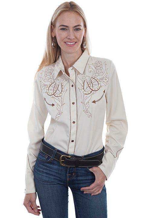 Scully CREAM HORSE SHOE FLOWERS & STONES BLOUSE - Scully Leather - Flyclothing LLC
