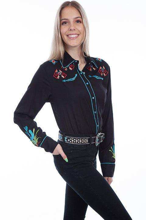 Scully Black Cactus Embroidered Western Shirt - Scully Leather - Flyclothing LLC