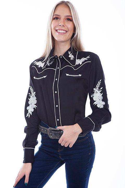 Scully BLACK FLORAL EMBROIDERED BLOUSE W/CONT.PIPING - Scully Leather - Flyclothing LLC