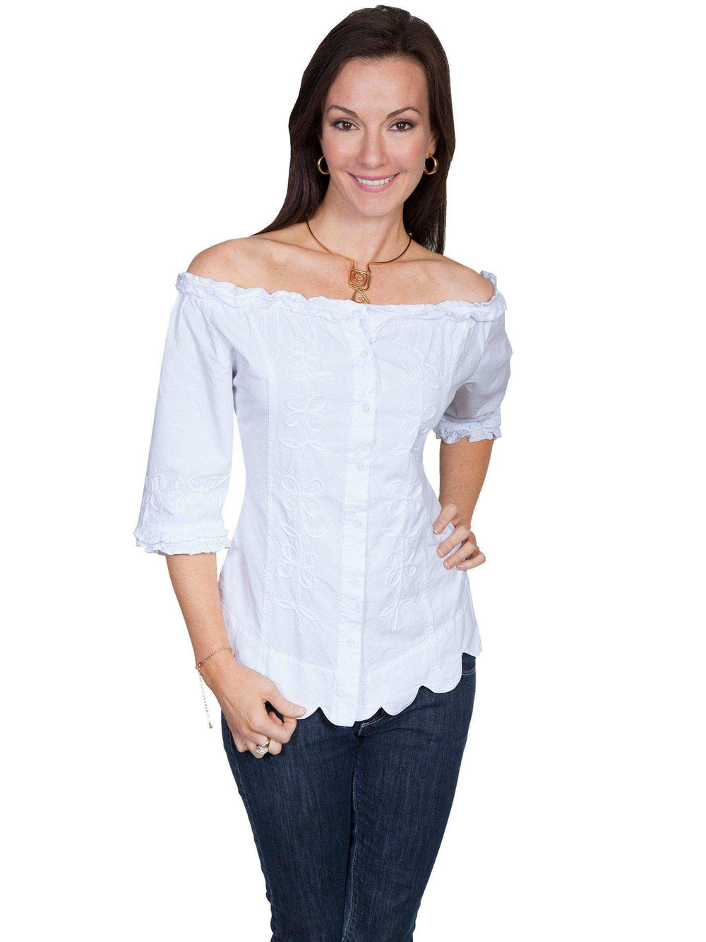 Scully WHITE S/S RUFFLE SCOOP NECK BLOUSE - Scully Leather - Flyclothing LLC