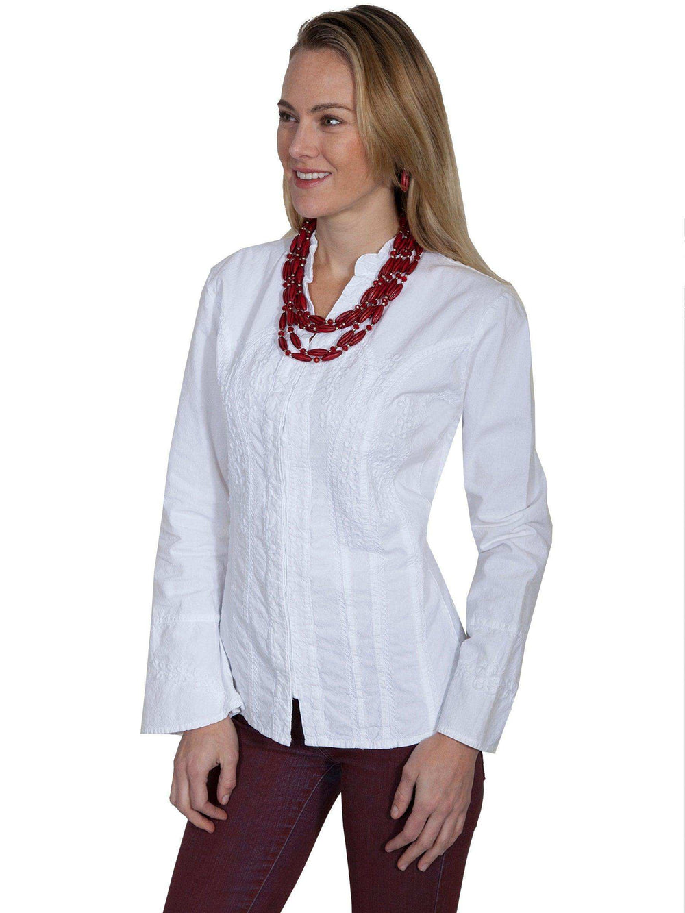 Scully WHITE L/S BLOUSE W/BAND COLLAR/BELL CUFFS - Scully Leather - Flyclothing LLC