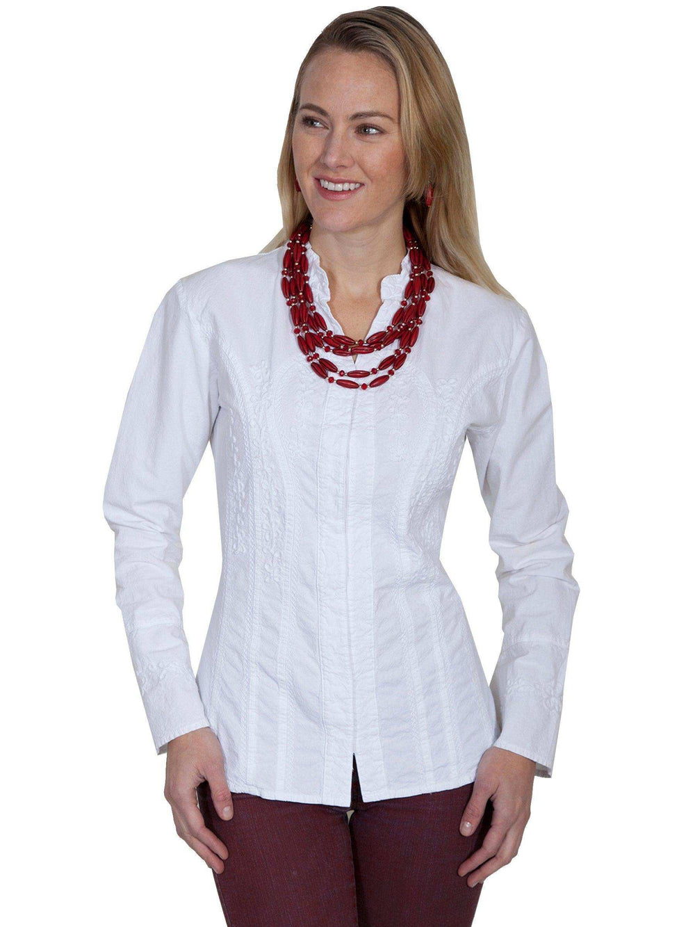 Scully WHITE L/S BLOUSE W/BAND COLLAR/BELL CUFFS - Scully Leather - Flyclothing LLC