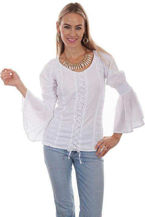 Scully WHITE LACE UP BLOUSE W/SIDE SMOCKING L/S - Scully Leather - Flyclothing LLC