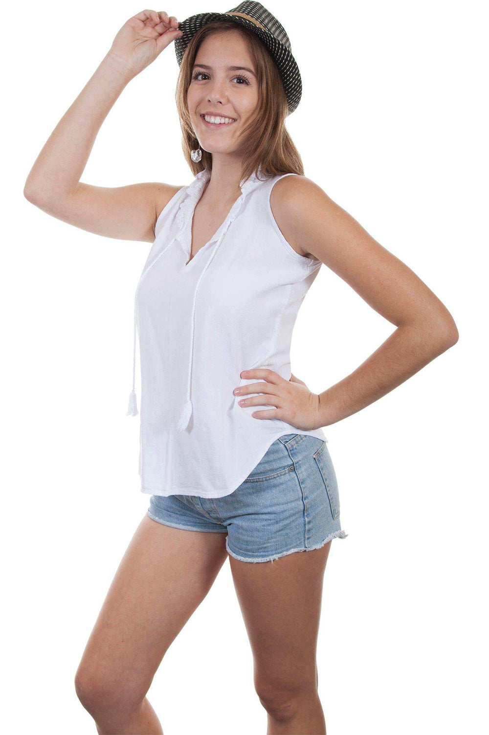Scully WHITE SLEEVELESS TIE FRONT BLOUSE - Scully Leather - Flyclothing LLC
