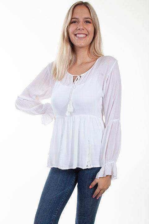 Scully WHITE L/S TIE FRONT BLOUSE - Scully Leather - Flyclothing LLC