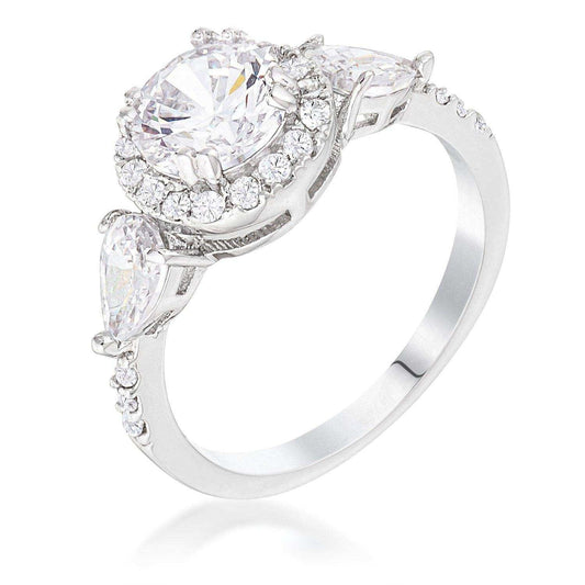 Rhodium Plated 3-Stone Clear CZ Round Halo Pear Engagement Ring - JGI - Flyclothing LLC