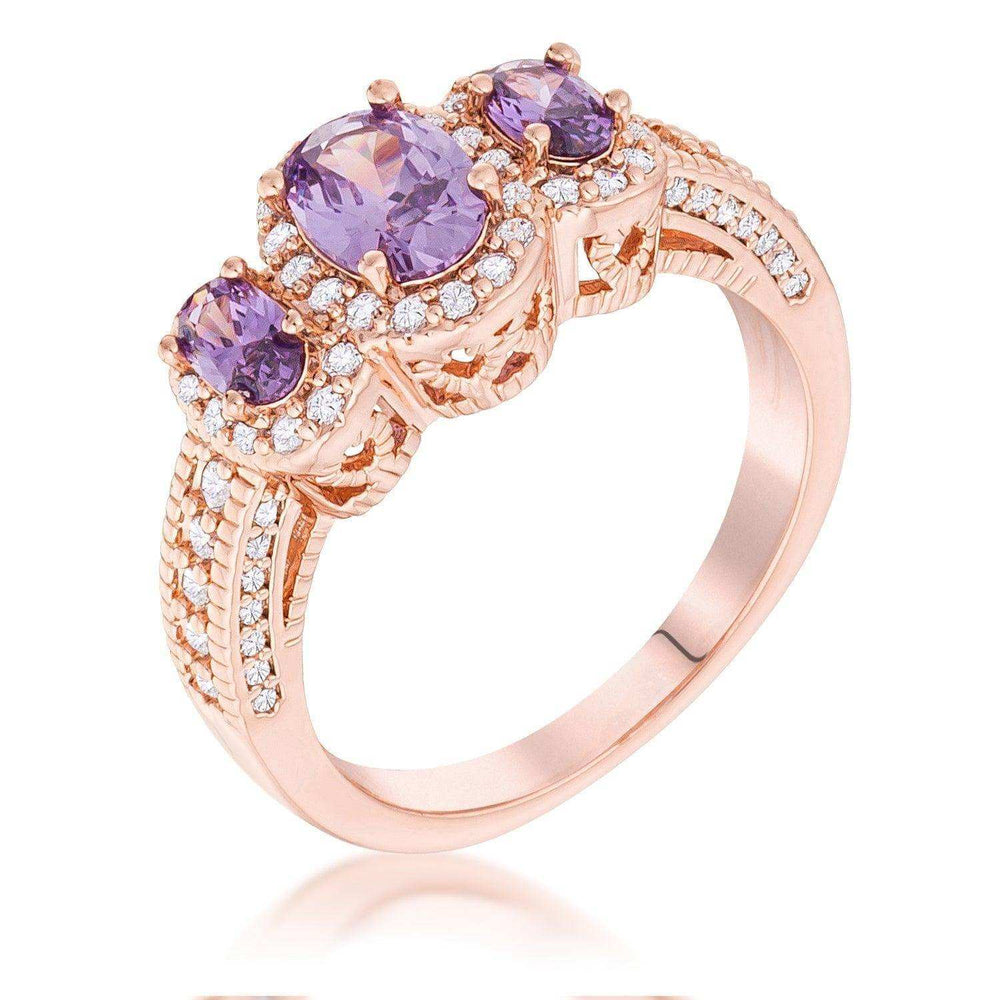 Rose Gold Plated 3-Stone Amethyst Oval Cut CZ Halo Ring - JGI - Flyclothing LLC