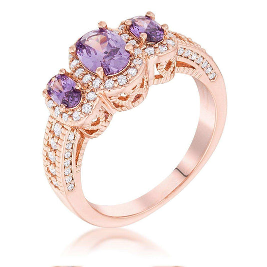 Rose Gold Plated 3-Stone Amethyst Oval Cut CZ Halo Ring - JGI - Flyclothing LLC