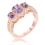 Rose Gold Plated 3-Stone Amethyst Oval Cut CZ Halo Ring - JGI - Flyclothing LLC
