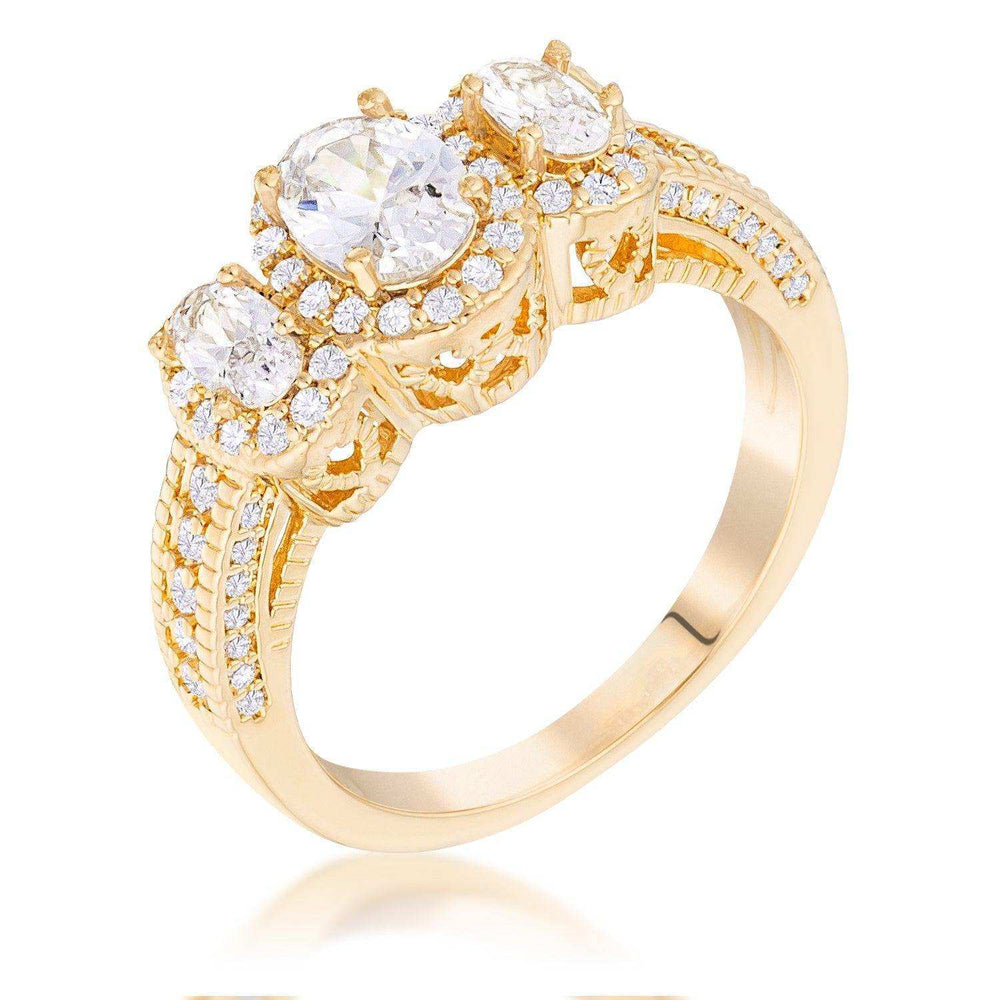 Gold Plated 3-Stone Clear Oval Cut CZ Halo Ring - JGI - Flyclothing LLC