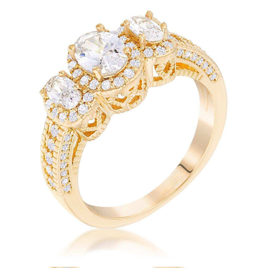 Gold Plated 3-Stone Clear Oval Cut CZ Halo Ring - JGI - Flyclothing LLC