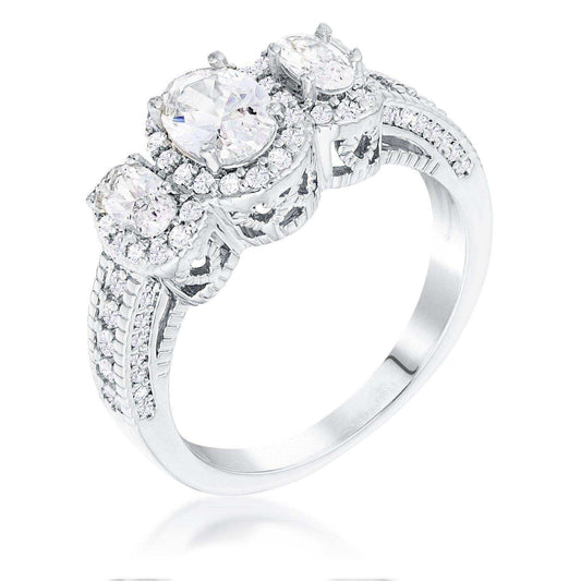Rhodium Plated 3-Stone Clear Oval Cut CZ Halo Ring - JGI - Flyclothing LLC