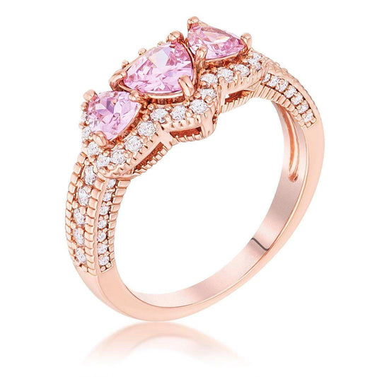 Rose Gold Plated 3-Stone Trillion Cut Pink CZ Halo Pave Ring - JGI - Flyclothing LLC