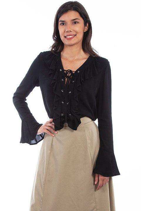 Scully BLACK LADIES RUFFLE FRONT LACE UP BLOUSE - Scully Leather - Flyclothing LLC