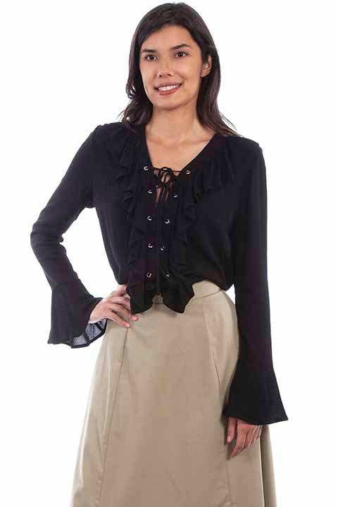 Scully Leather Rangewear Black Ruffle Lace Up Blouse - Scully Leather - Flyclothing LLC