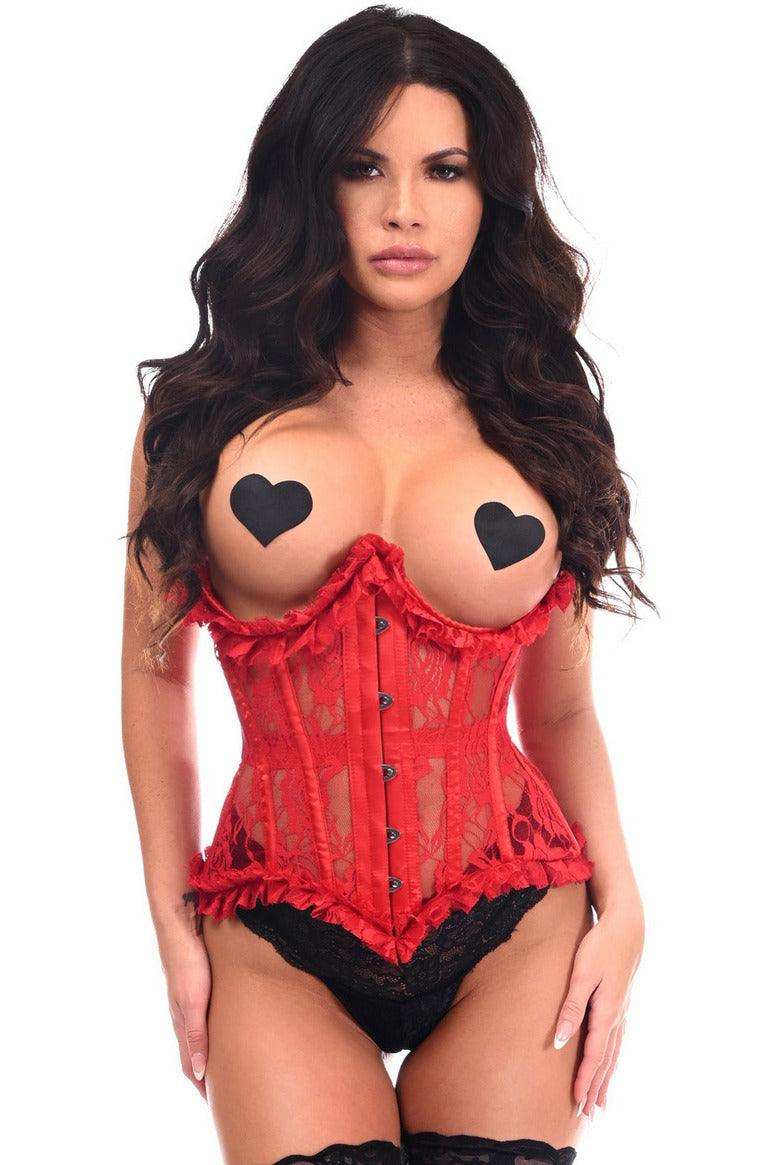 Daisy Corsets Top Drawer Red Sheer Lace Steel Boned Underwire Waist Cincher - Daisy Corsets - Flyclothing LLC