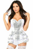 Daisy Corsets Top Drawer White/Silver Satin & Sequin Steel Boned Corset w/Removable Snap Skirt - Daisy Corsets - Flyclothing LLC