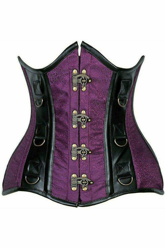 Daisy Corsets Top Drawer Plum Brocade & Faux Leather Steel Boned Under Bust Corset - Daisy Corsets - Flyclothing LLC