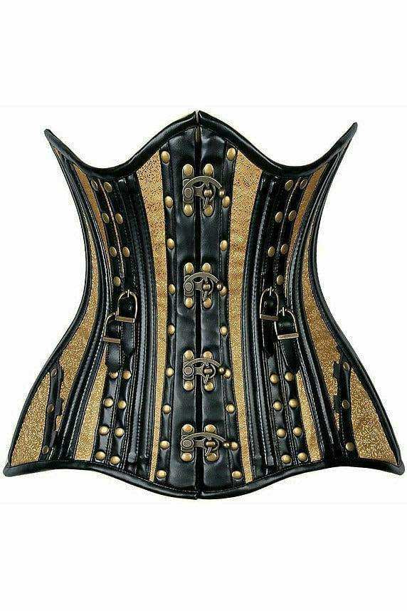 Daisy Corsets Top Drawer Faux Leather & Gold Brocade Steel Boned Under Bust Corset - Daisy Corsets - Flyclothing LLC