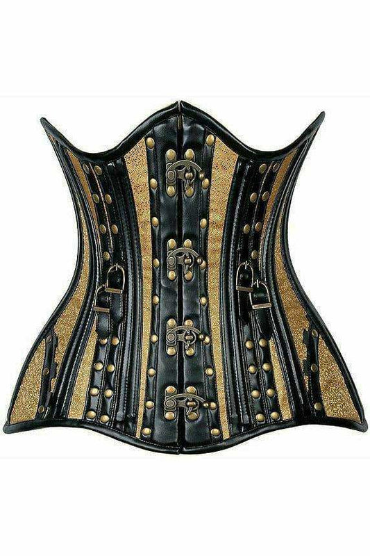 Daisy Corsets Top Drawer Faux Leather & Gold Brocade Steel Boned Under Bust Corset - Daisy Corsets - Flyclothing LLC