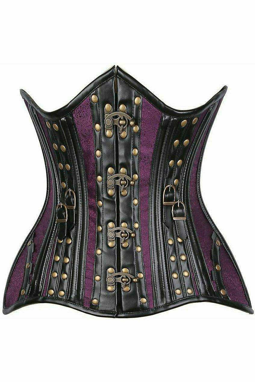 Daisy Corsets Top Drawer Faux Leather & Plum Brocade Steel Boned Under Bust Corset - Daisy Corsets - Flyclothing LLC