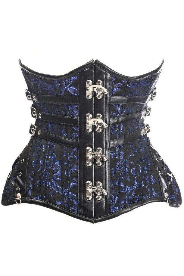 Daisy Corsets Top Drawer CURVY Steampunk Black/Blue Brocade Steel Double Boned Under Bust Corset - Daisy Corsets - Flyclothing LLC