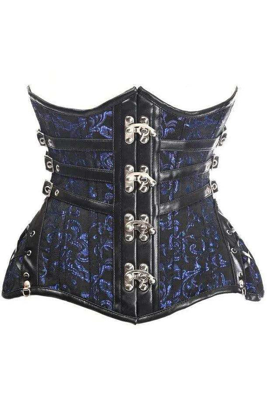 Daisy Corsets Top Drawer CURVY Steampunk Black/Blue Brocade Steel Double Boned Under Bust Corset - Daisy Corsets - Flyclothing LLC