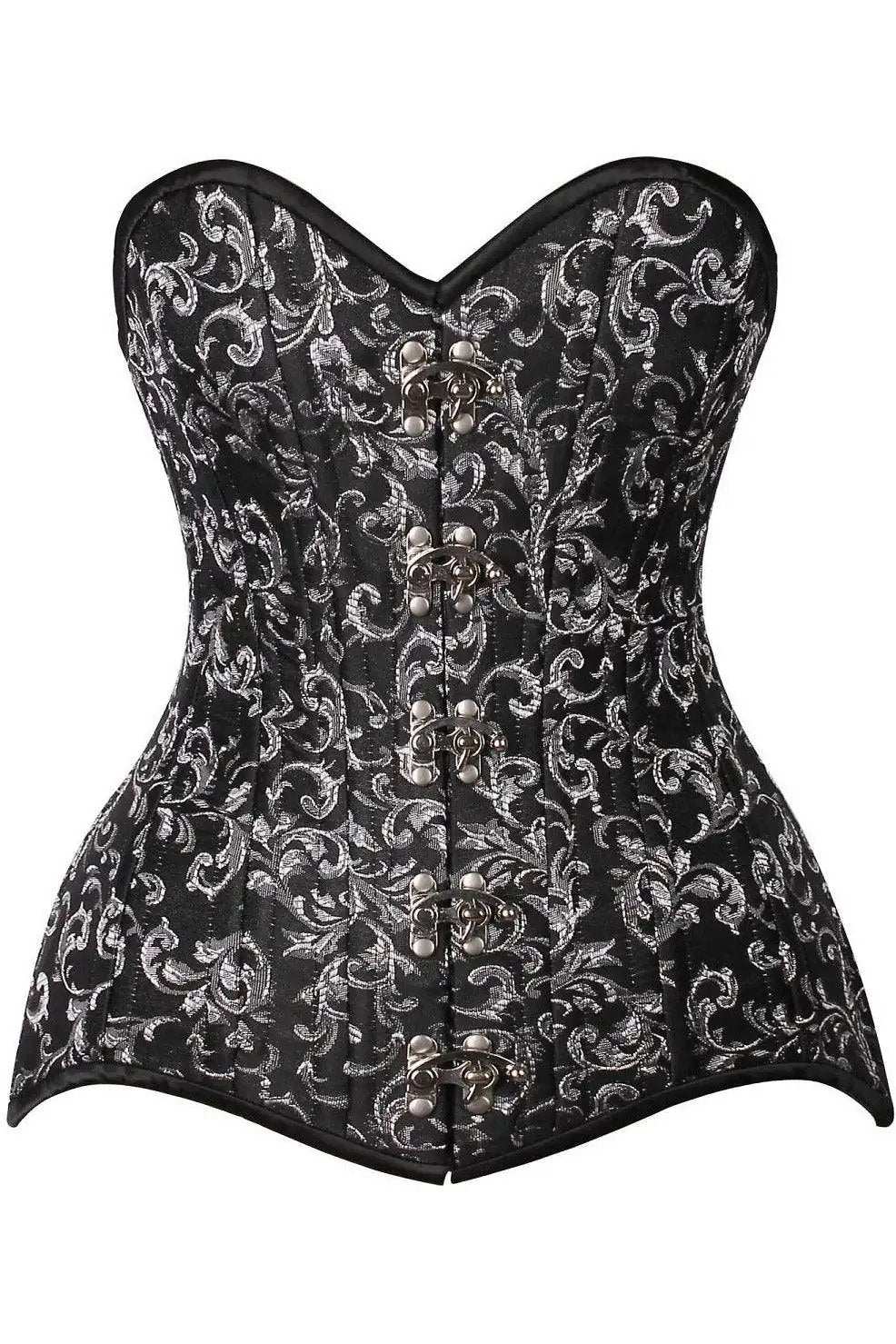Daisy Corsets Top Drawer CURVY Black/Silver Brocade Double Steel Boned Overbust Corset - Daisy Corsets - Flyclothing LLC
