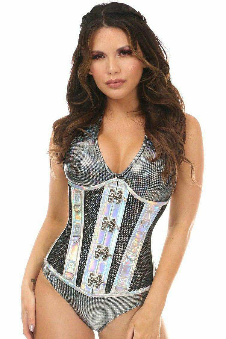 Daisy Corsets Top Drawer Silver Holo & Black Fishnet Steel Boned Under Bust Corset - Daisy Corsets - Flyclothing LLC