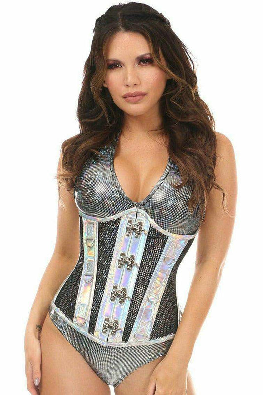 Daisy Corsets Top Drawer Silver Holo & Black Fishnet Steel Boned Under Bust Corset - Daisy Corsets - Flyclothing LLC