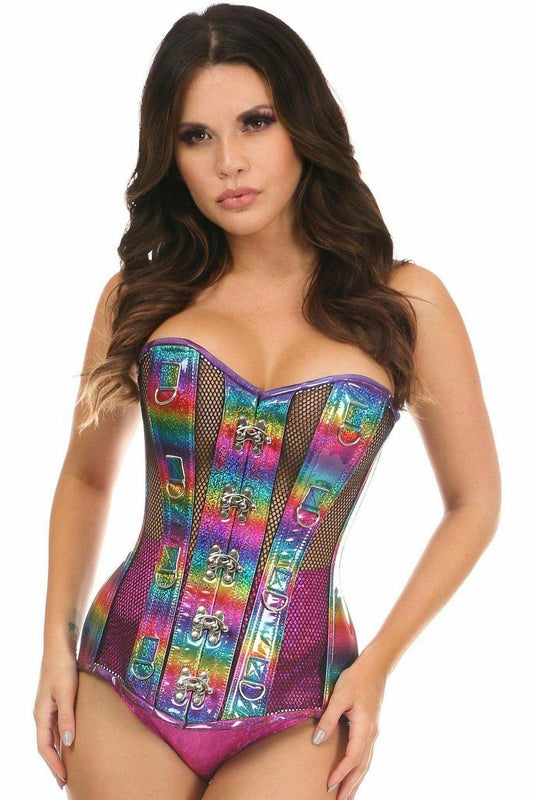 Daisy Corsets Top Drawer Rainbow Glitter PVC & Black Fishnet Steel Boned Over Bust Corset - Daisy Corsets - Flyclothing LLC
