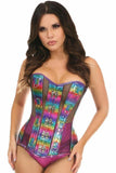 Daisy Corsets Top Drawer Rainbow Glitter PVC & Black Fishnet Steel Boned Over Bust Corset - Daisy Corsets - Flyclothing LLC
