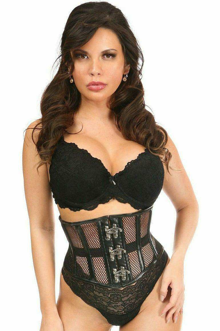 Daisy Corsets Top Drawer Fishnet & Faux Leather Steel Boned Mini Cincher w/Clasps - Daisy Corsets - Flyclothing LLC