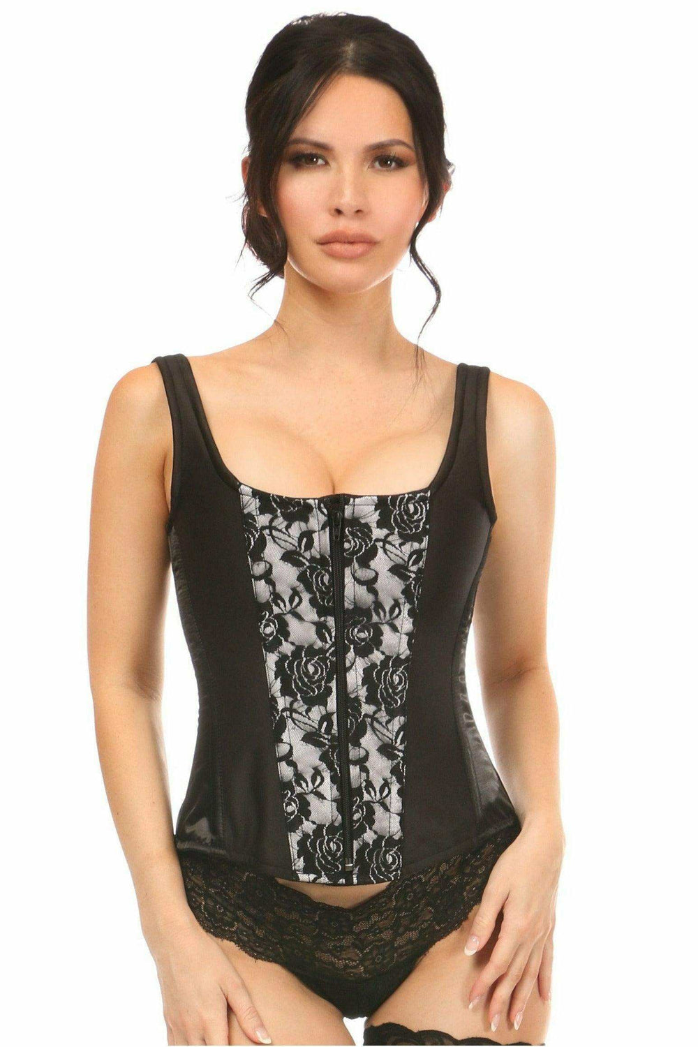 Daisy Corsets Top Drawer White Satin w/Black Lace Overlay Steel Boned Corset w/Straps - Daisy Corsets - Flyclothing LLC