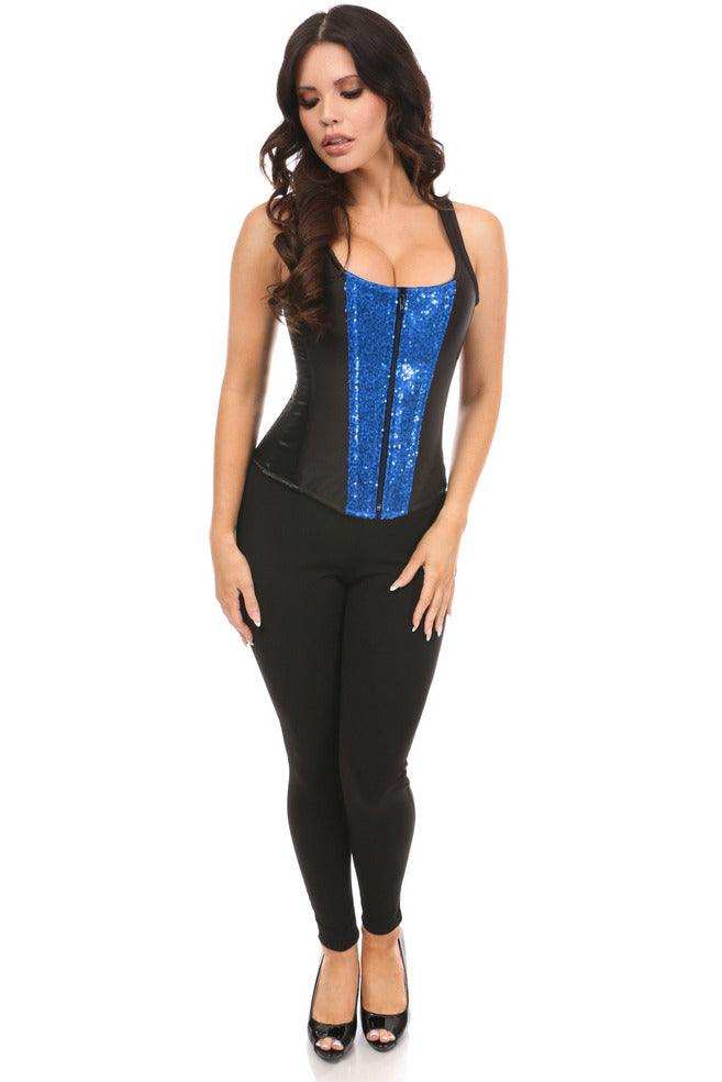 Daisy Corsets Top Drawer Black Satin & Blue Sequin Steel Boned Corset w/Straps - Daisy Corsets - Flyclothing LLC