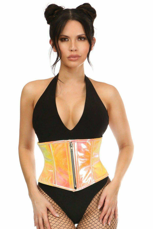 Daisy Corsets Top Drawer Yellow/Pink Holo Steel Boned Mini Cincher - Daisy Corsets - Flyclothing LLC