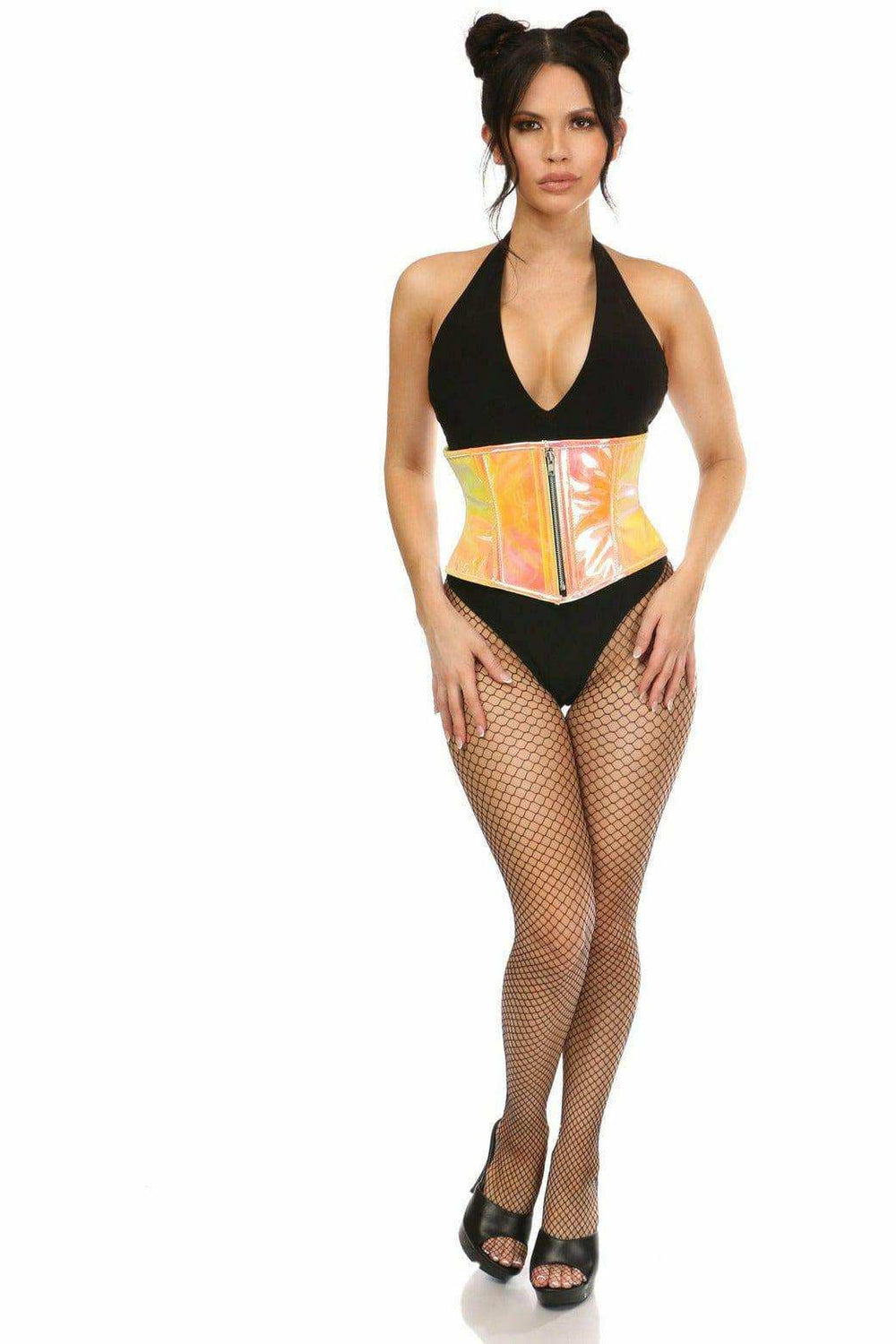 Daisy Corsets Top Drawer Yellow/Pink Holo Steel Boned Mini Cincher - Daisy Corsets - Flyclothing LLC