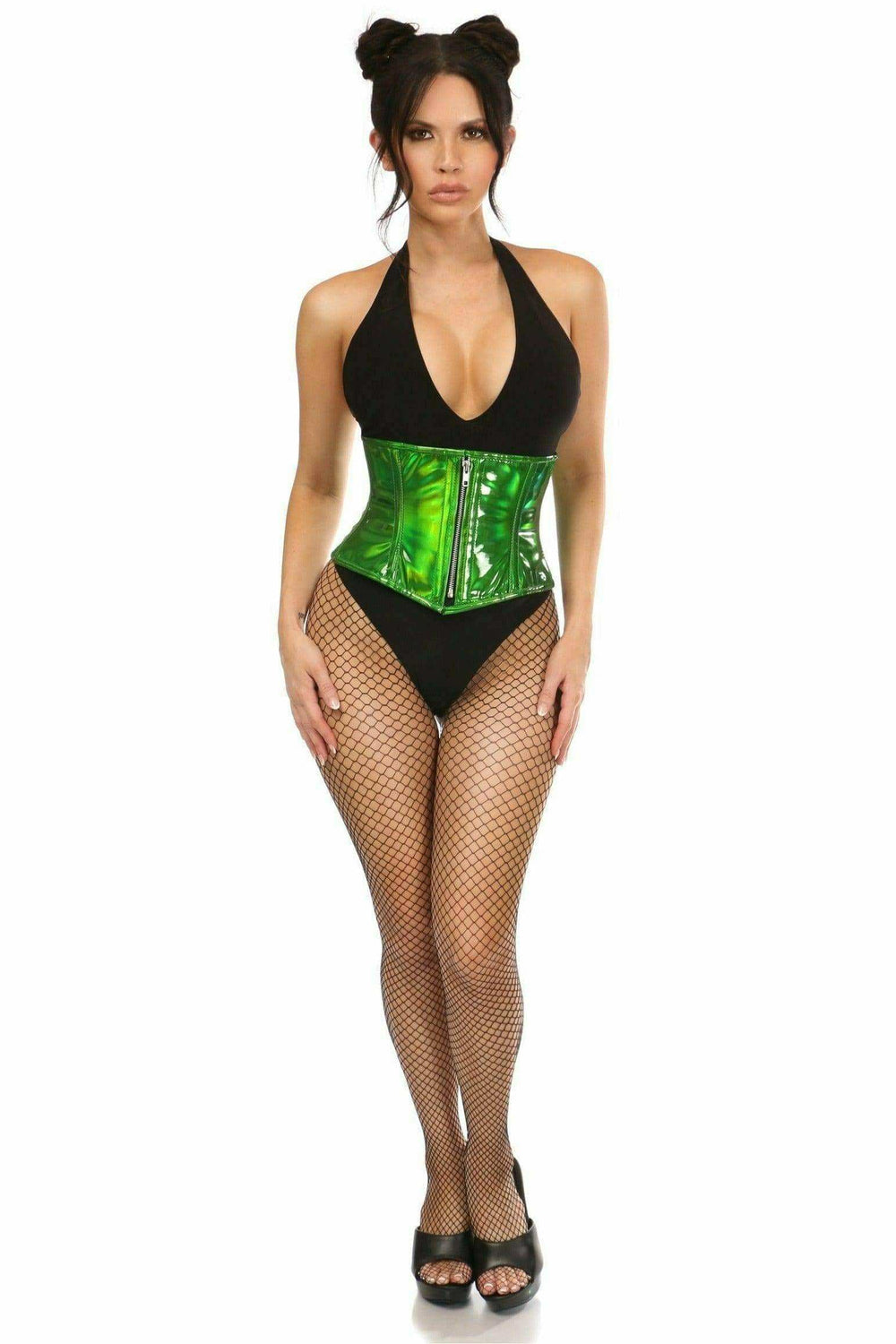 Daisy Corsets Top Drawer Green Holo Steel Boned Mini Cincher - Daisy Corsets - Flyclothing LLC