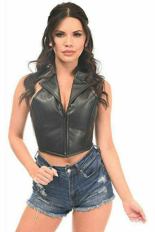 Daisy Corsets Top Drawer Black Faux Leather Steel Boned Collared Bustier Top - Daisy Corsets - Flyclothing LLC