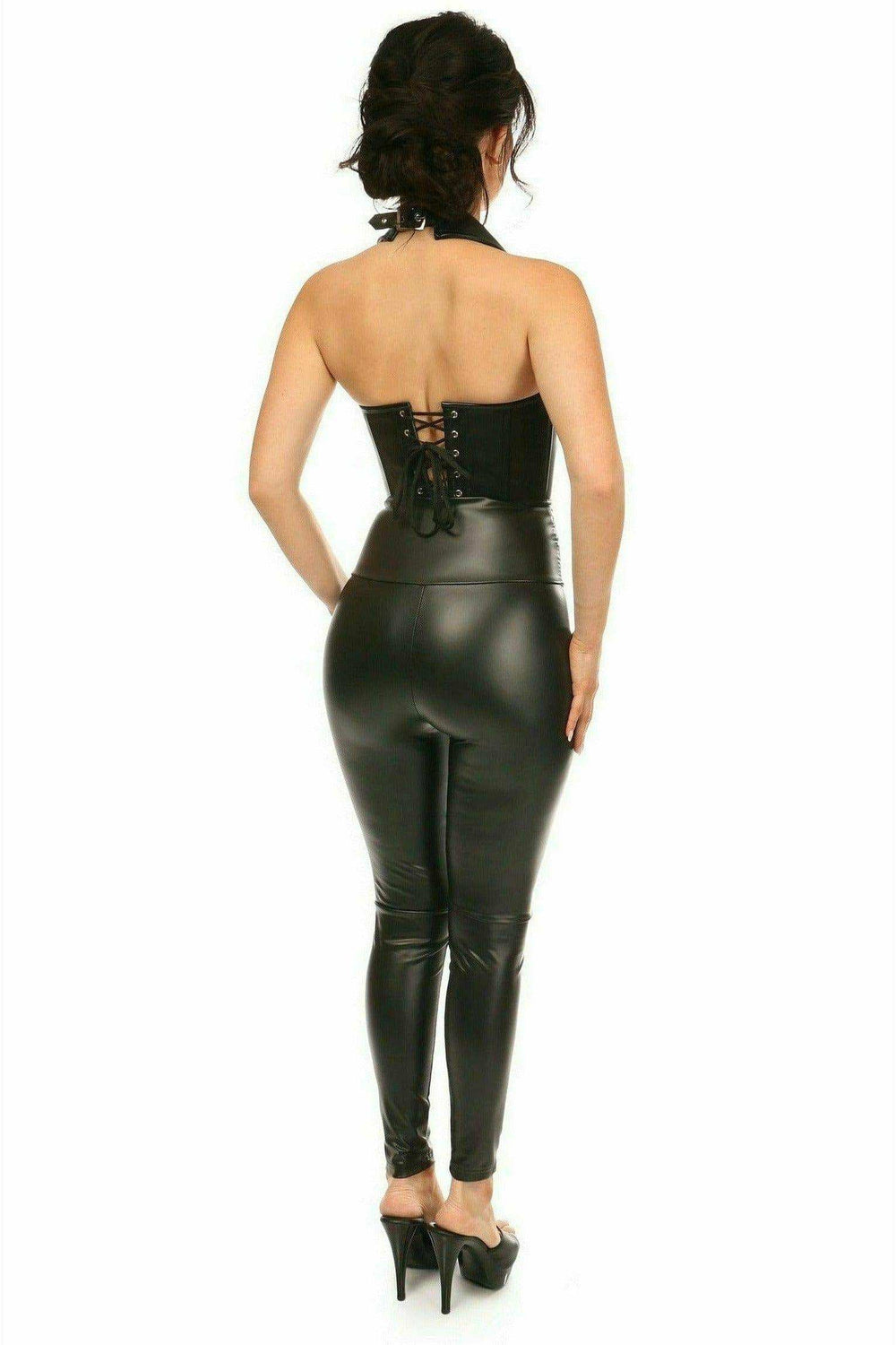 Daisy Corsets Top Drawer Black Faux Leather Steel Boned Collared Bustier Top - Daisy Corsets - Flyclothing LLC