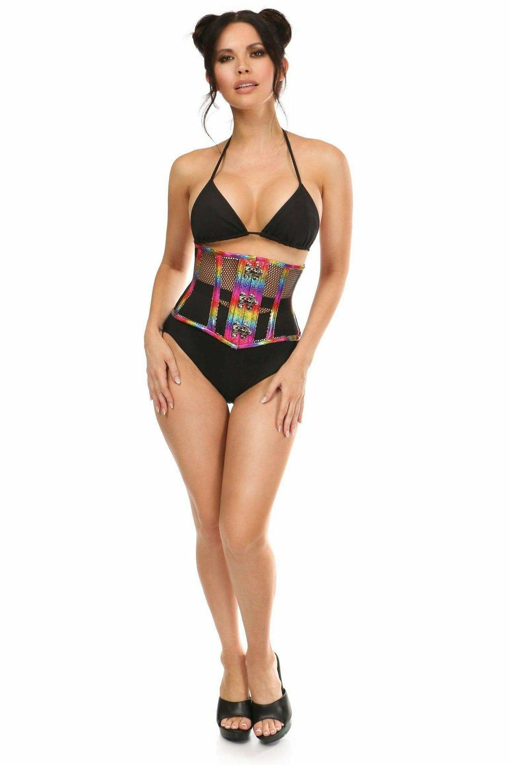 Daisy Corsets Top Drawer Rainbow Glitter PVC Steel Boned Mini Cincher w/Clasps - Daisy Corsets - Flyclothing LLC
