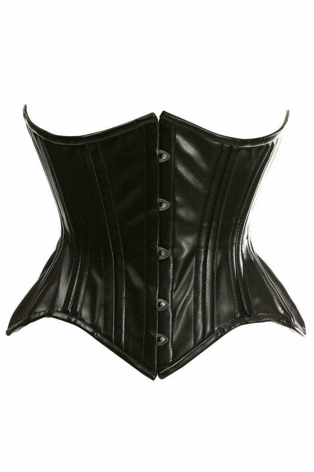 Top Drawer Black Faux Leather Double Steel Boned Curvy Cut Waist Cincher Corset - Daisy Corsets - Flyclothing LLC