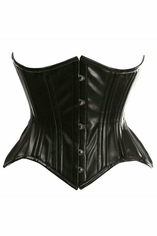 Top Drawer Black Faux Leather Double Steel Boned Curvy Cut Waist Cincher Corset - Daisy Corsets - Flyclothing LLC